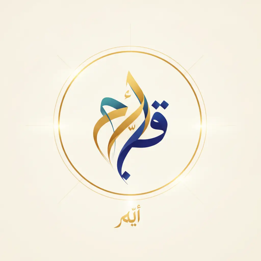 Decorative logo featuring gold and blue Arabic calligraphy inside a glowing circular frame on a pale background.