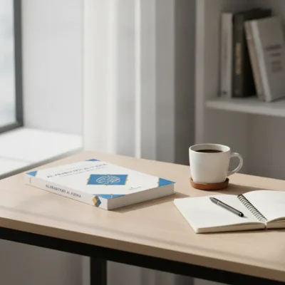 Desk setup with a white coffee mug on a brown saucer, an open notebook and pen beside a closed Arabic book on a light wood desk by a window.