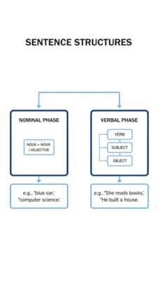 Diagram of sentence structures with two boxes: Nominal phrase (noun + noun/adjective) and Verbal phrase nominal vs verbal sentences arabic