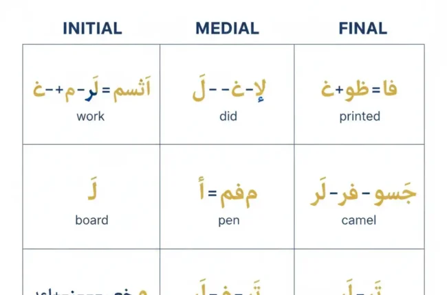 Educational chart showing Arabic letters in initial, medial, and final forms with English translations (work, did, printed, camel, pen, school, dream).
