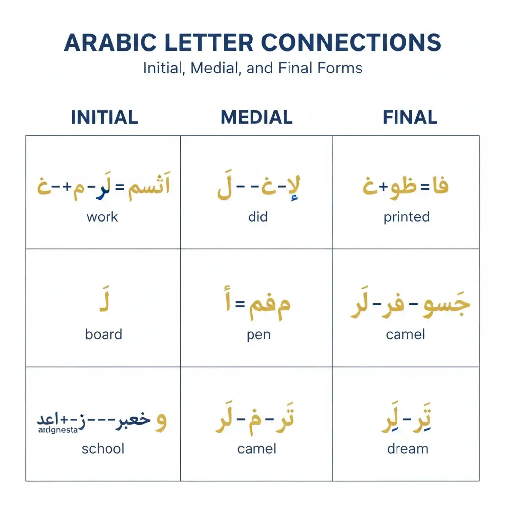 Educational chart showing Arabic letters in initial, medial, and final forms with English translations (work, did, printed, camel, pen, school, dream).