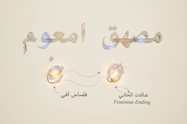 Educational diagram showing the concept of a feminine ending, with two labeled circles connected by arrows (Arabic and English captions).