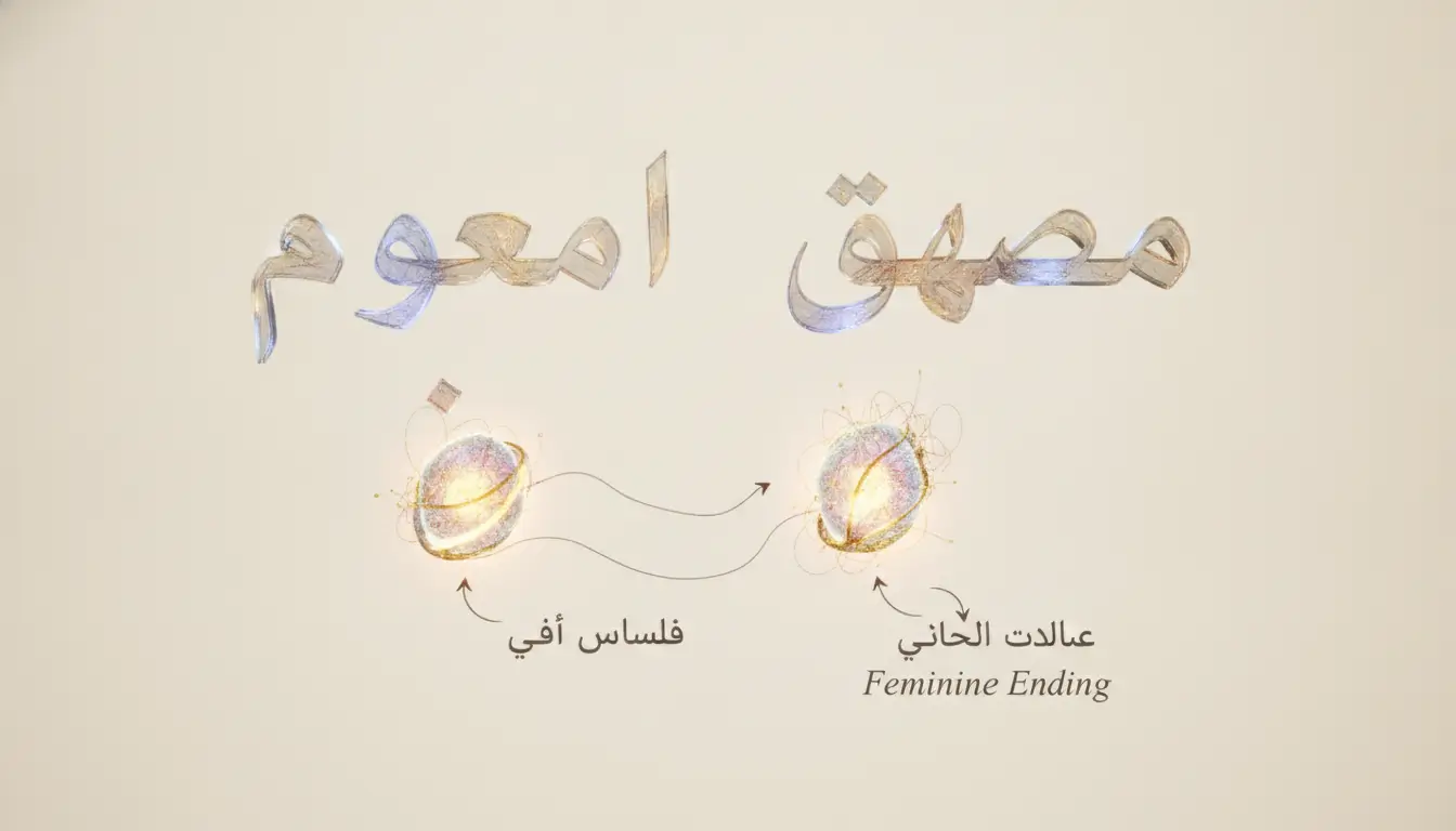 Educational diagram showing the concept of a feminine ending, with two labeled circles connected by arrows (Arabic and English captions).
