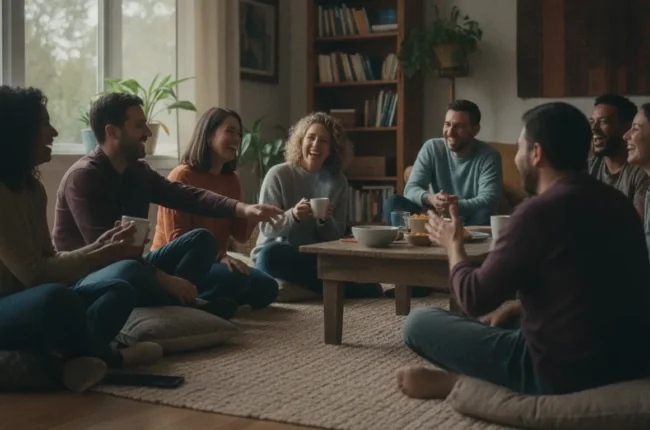 Eight friends sit cross-legged on a rug around a low wooden table, laughing and sharing drinks in a cozy living room with plants and bookshelves nearby.