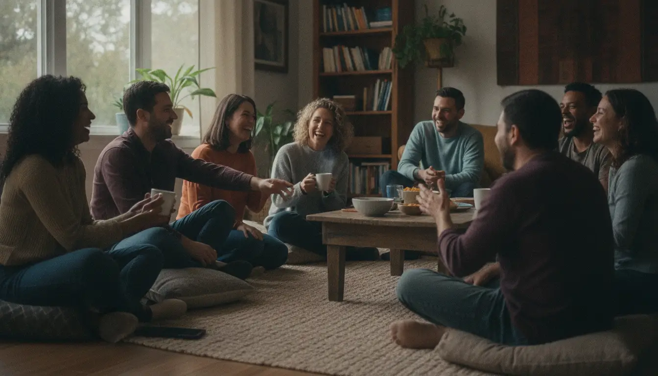 Eight friends sit cross-legged on a rug around a low wooden table, laughing and sharing drinks in a cozy living room with plants and bookshelves nearby.