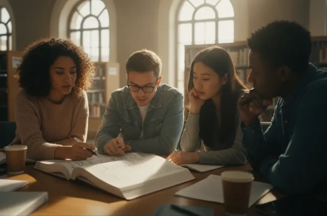 Four students study around a table in a library, focusing on a large open book together.