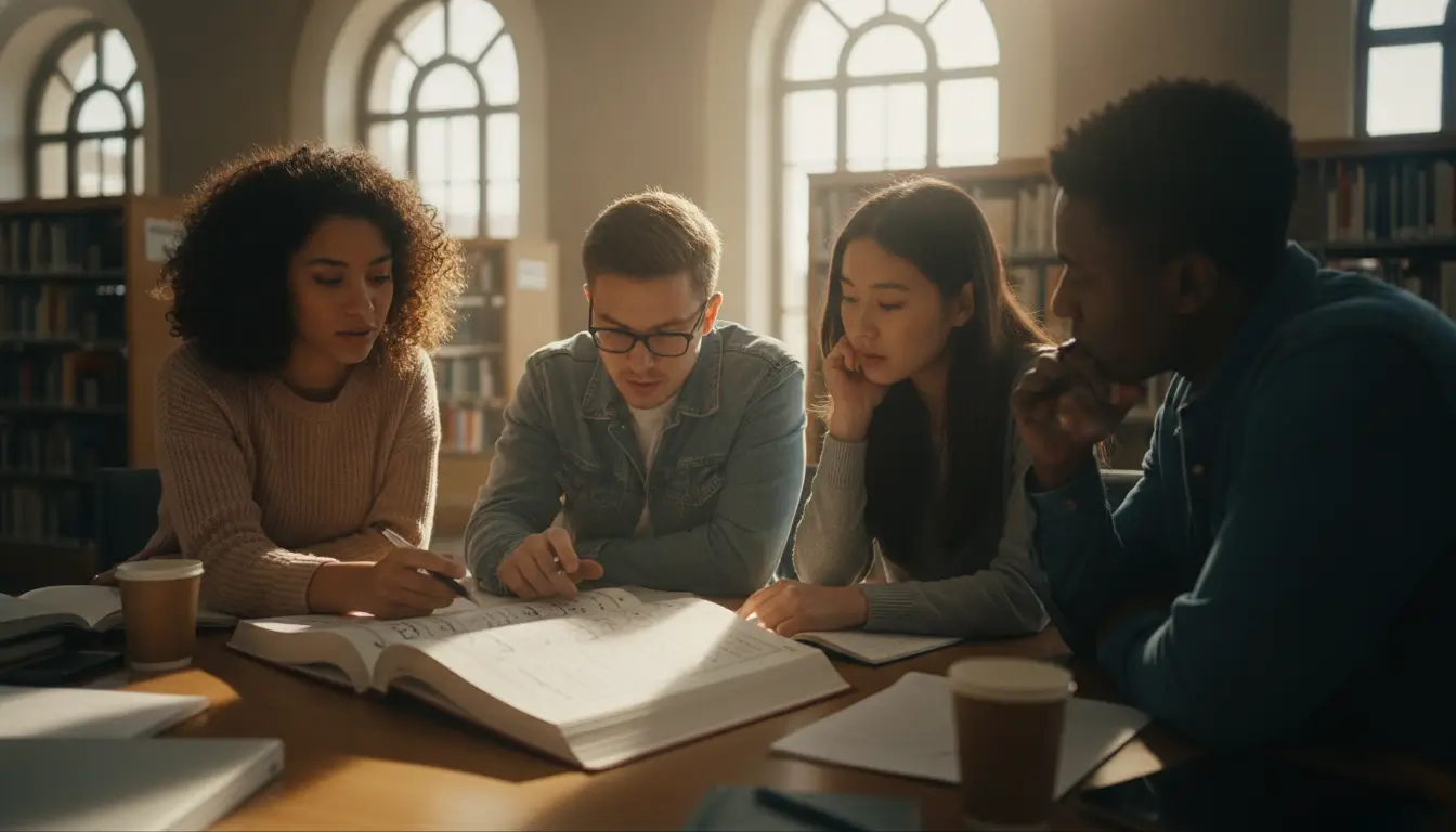 Four students study around a table in a library, focusing on a large open book together.
