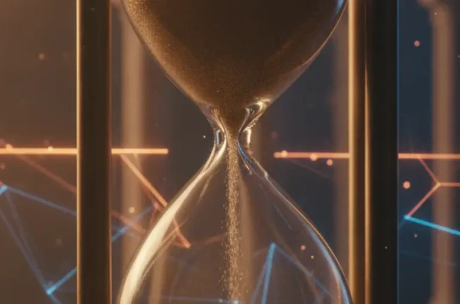 Glass hourglass framed by metal supports, sand steadily flowing from the top bulb to the bottom, symbolizing time passing.