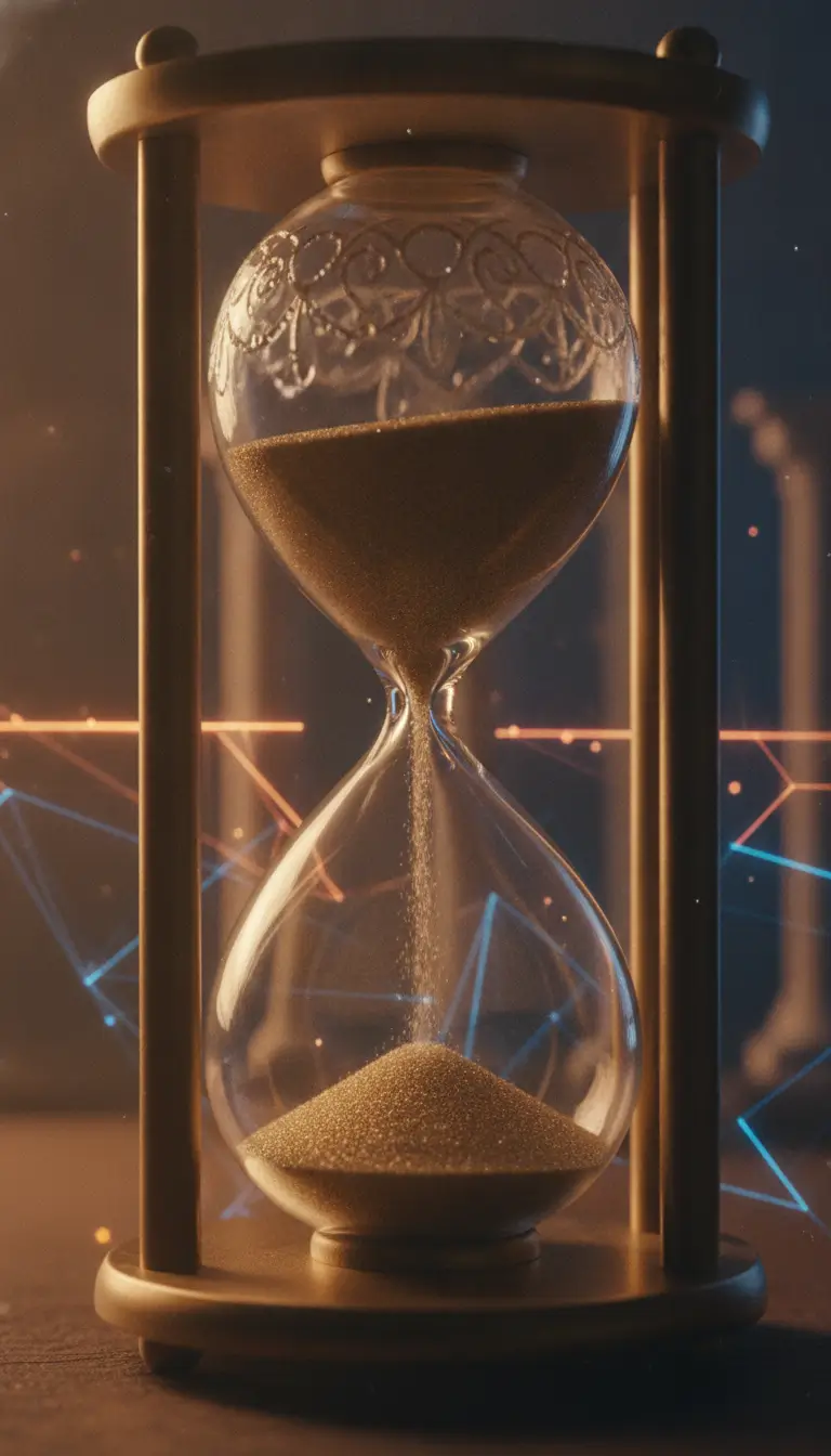 Glass hourglass framed by metal supports, sand steadily flowing from the top bulb to the bottom, symbolizing time passing.