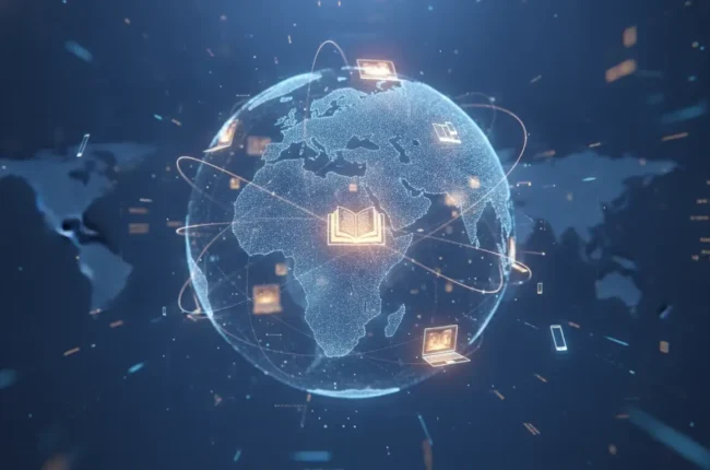 Globally connected digital globe with orbiting icons (book, laptop, tablet) representing knowledge and information networks.