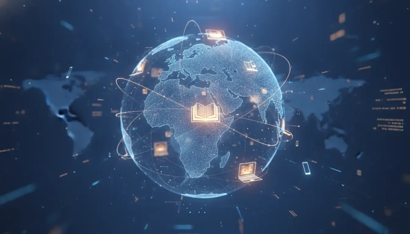 Globally connected digital globe with orbiting icons (book, laptop, tablet) representing knowledge and information networks.