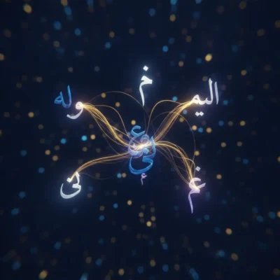 Glowing Arabic calligraphy with gold light trails spreading from a central blue letter on a dark blue backdrop.