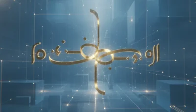 Gold Arabic calligraphy emblem on a blue digital grid background, decorative and luminous.