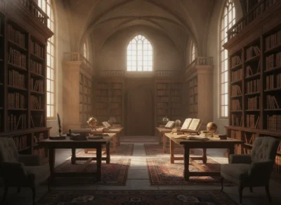 Grand vaulted library reading room with tall bookshelves, arched windows, and wooden tables filled with open books and globes. A sunlit, elegant old library interior with two long desks and vintage chairs.