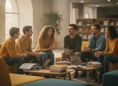 Group of six young adults sitting in a circle, smiling and chatting in a cozy study lounge with books and laptops on a coffee table.