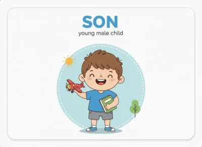 Happy young boy holding a toy red airplane in one hand and a green book in the other, standing before a light blue circular backdrop.