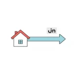 House icon with a red roof and a long blue arrow extending to the right, suggesting moving or sending from home.