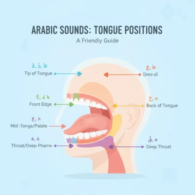 Illustration showing Arabic tongue positions from tip to deep throat with color‑coded arrows and labels (Tip of Tongue, Front Edge, Mid-Tongue, Back of Tongue, Deep Throat).