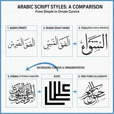Infographic showing six Arabic script styles from Naskh to Free-Form Calligraphy with labeled examples: Naskh, Ruqah, Thuluth, Diwani, Kufic, and Free-Form.