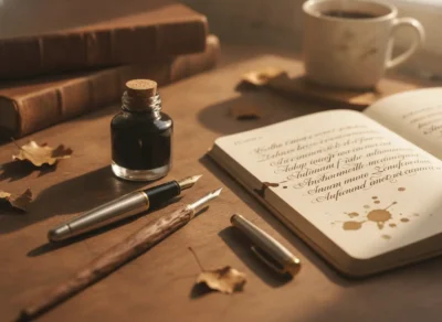 Ink bottle, two nib pens, and an open notebook with decorative cursive on a wooden desk, with a coffee cup in the background.