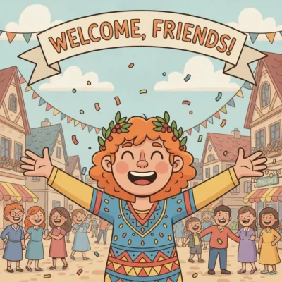 Joyful person with orange hair and leafy crown raises arms in celebration as confetti falls at a street festival under a 'Welcome, Friends!' banner.