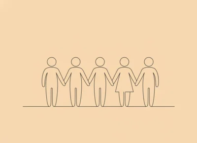 Line drawing of five stick figures holding hands along a horizontal line, symbolizing unity and teamwork, with a central figure personal pronouns in arabic
