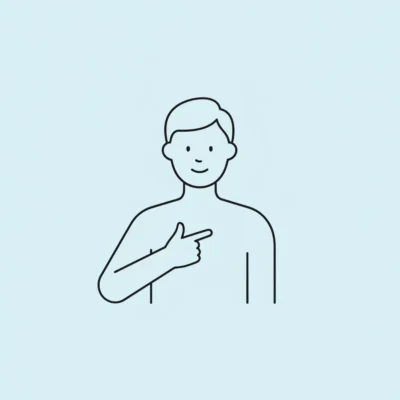 Line illustration of a person pointing to themselves with their right hand on a light blue background.