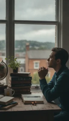 Man sits at a wooden desk by a window, hands clasped, gazing pensively outside, with a stack of books, a globe, and a plant on the desk beside an open notebook and mug.