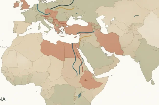 Map of the Middle East and North Africa with shaded regions and several blue and yellow curved lines representing routes; the label 'MENA' appears in the bottom-left corner.