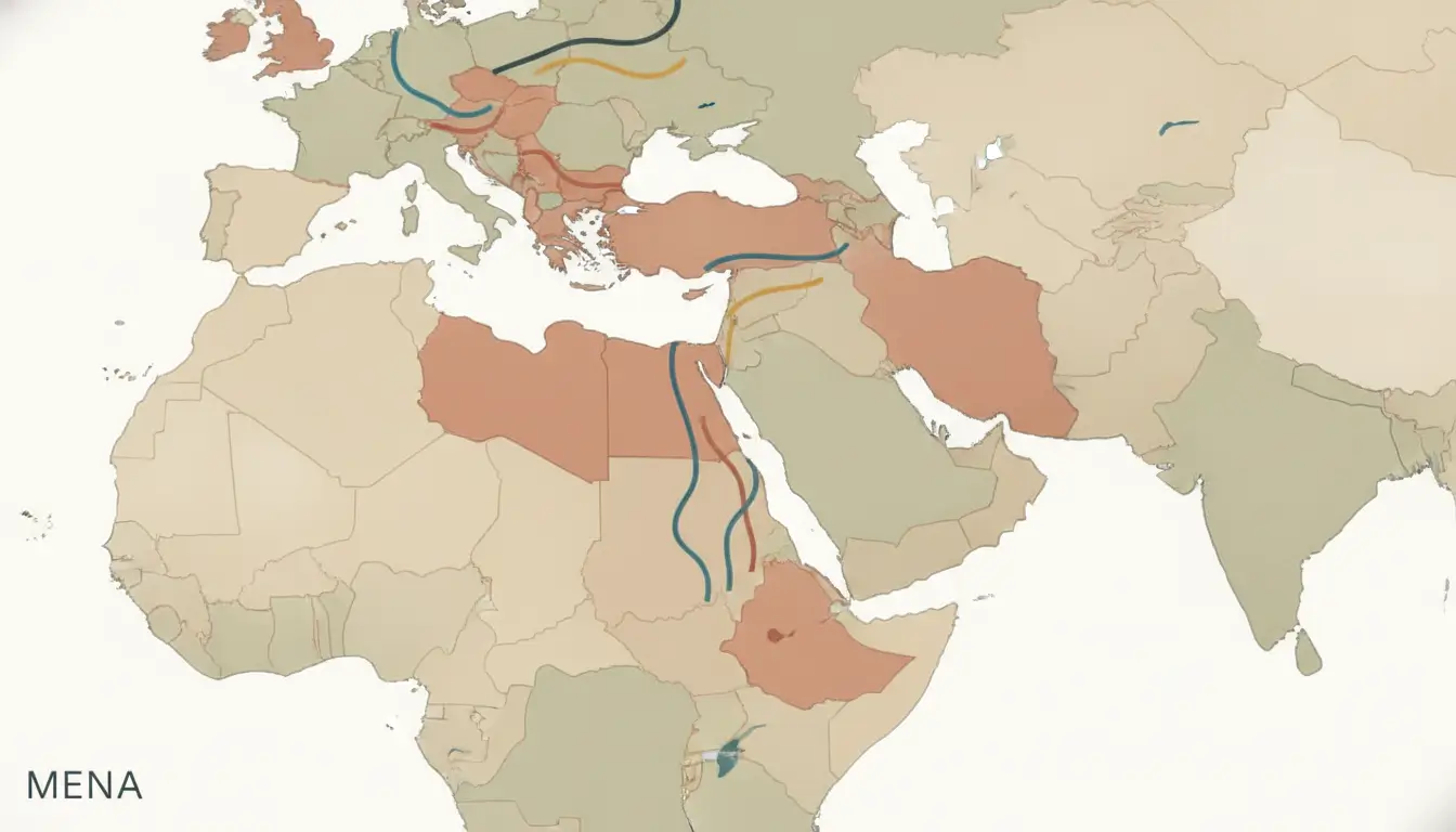 Map of the Middle East and North Africa with shaded regions and several blue and yellow curved lines representing routes; the label 'MENA' appears in the bottom-left corner.