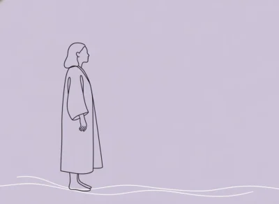 Minimal line drawing of a person in a long robe standing in profile against a light purple background, with wavy white lines at the bottom suggesting water or horizon.