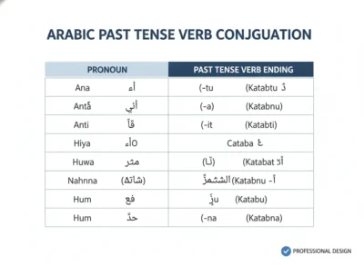 Table titled 'Arabic Past Tense Verb Conjugation' showing pronouns on the left and past tense verb endings on the right. Rows include Ana (-tu) Katabtu, Antā (-a) Katabnu, Antiā (-it) Katabti, Hiya (-ā) Kataba, Huwa (-u) Katabu, Nahna (-nā) Katabnu -i, Hum (-na) Katabu, Hum (-n) Katabna.
