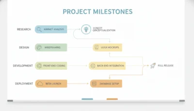 Project milestones timeline showing four phases: Research (Market Analysis, Conceptualization) → Design (Wireframing, UI/UX Mockups) → Development (Front-End, Back-End) → Deployment (Beta Launch, Database Setup) ending in Full Release with a rocket icon.