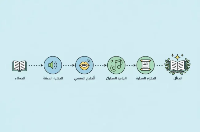 A horizontal learning journey: six circular icons connected by a dotted line, from a book (planning) to an open book with laurel (mastery). Icons show: book, speaker, mouth, musical note, scroll, and a laurel-wrapped open book, with Arabic captions beneath each.