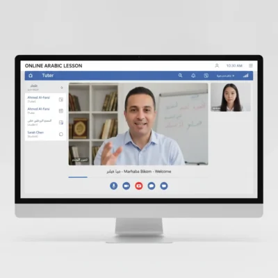 Monitor showing an online Arabic lesson: instructor on video in center, student thumbnail top-right, left contacts panel, controls below.
