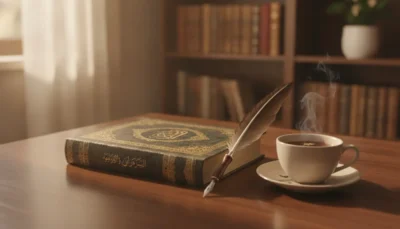 Old ornate book (Qur'an) with a feather quill on a wooden table beside a steaming cup of tea in a cozy study.