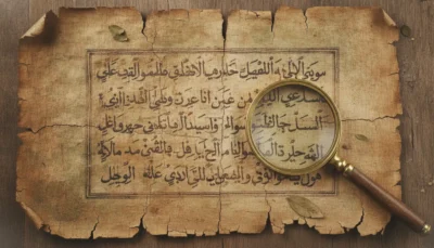 Old parchment with Arabic calligraphy and a magnifying glass inspecting the text on a wooden table. broken plurals in arabic
