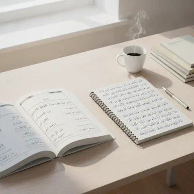 Open Arabic book and a spiral notebook with Arabic text on a light wooden desk, arabic first month checklist
