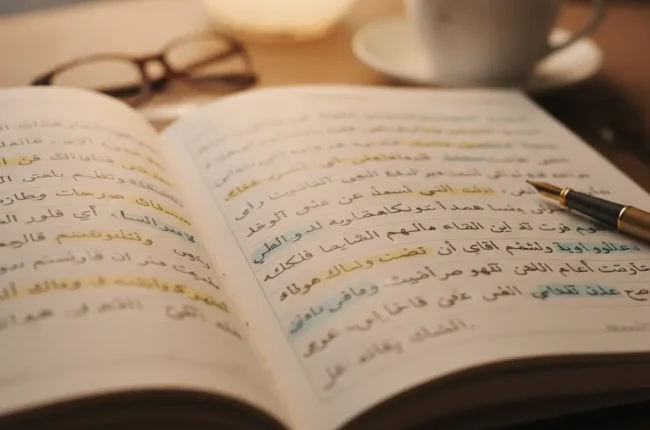 Open Arabic book with a pen resting on the pages; reading glasses and a mug blur in the background.