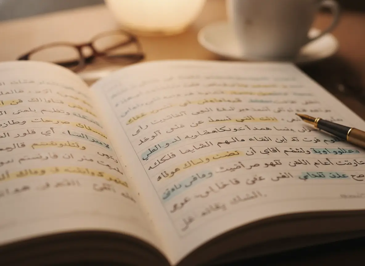 Open Arabic book with a pen resting on the pages; reading glasses and a mug blur in the background.