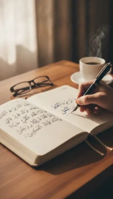Open Arabic text book on a wooden desk; a hand writes with a fountain pen, coffee cup steaming nearby, glasses resting nearby. msa vs fusha