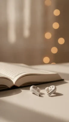 Open book on a desk with white wireless earbuds beside it and warm bokeh lights in the background.