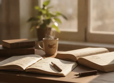 Open notebook with Arabic writing, a pen resting on its pages, beside an open book on a sunlit desk with a mug and additional books in the background.
