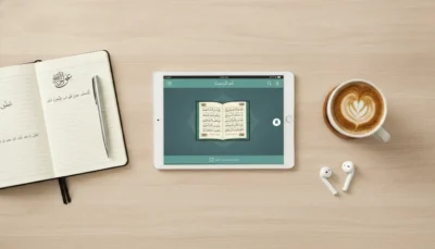 Open notebook with Arabic writing and a pen, a tablet showing an e-book in Arabic, and a cup of latte with heart art on a wooden desk, plus wireless earbuds nearby.