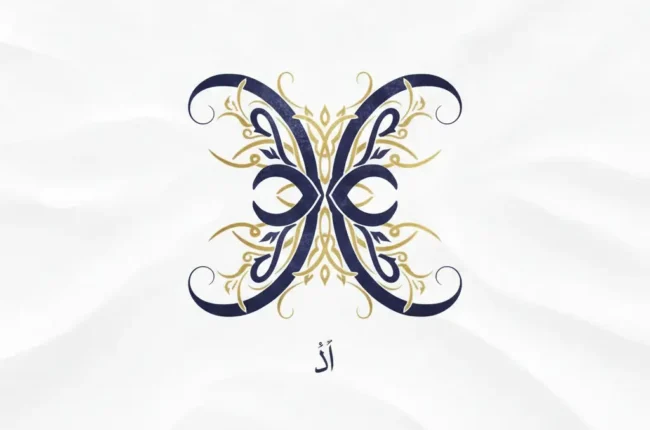Ornate butterfly-shaped emblem in navy blue and gold on a pale background, with Arabic letter Alef beneath.