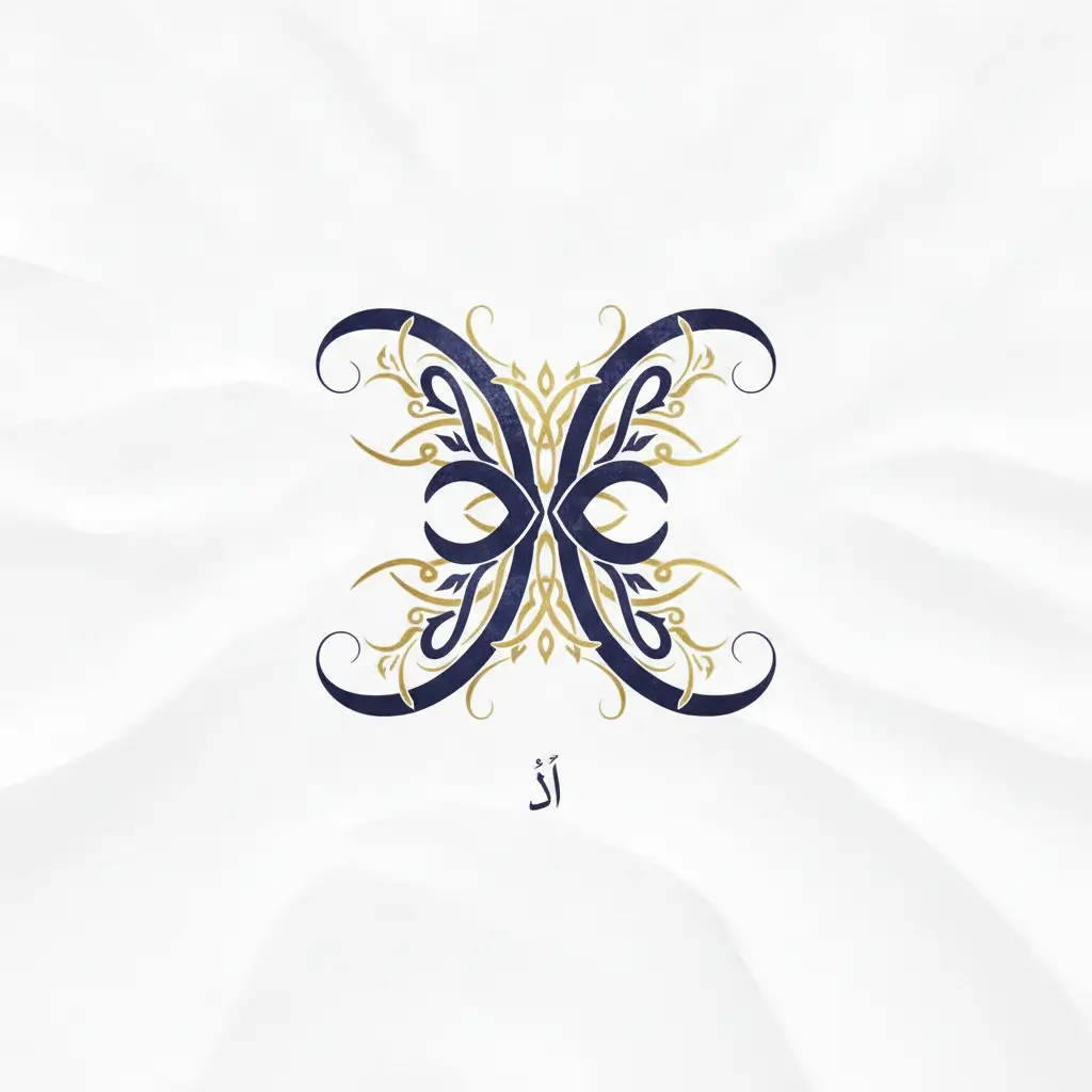 Ornate butterfly-shaped emblem in navy blue and gold on a pale background, with Arabic letter Alef beneath.