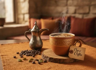 Ornate mug of steaming coffee on a wooden coaster with a 'Cup of Coffee' tag, surrounded by coffee beans on an orange tablecloth.