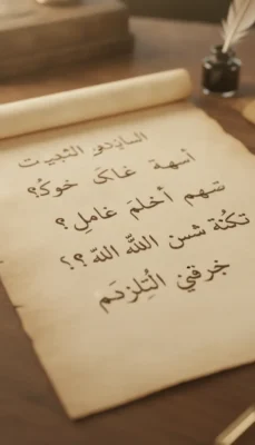 Parchment scroll with Arabic calligraphy laid on a wooden desk, an ink bottle and quill in the background. read arabic handwriting
