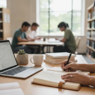 Person writes in a notebook on a wooden desk beside a laptop, mug, and stack of books as others study in the blurred background. Questions About Pricing and Commitment