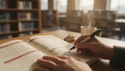 Person writing in an open Arabic notebook at a wooden table in a library, relative pronouns in arabic
